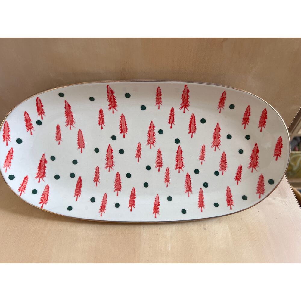 TAG Stoneware Holiday Platter Red Trees Green Dots 12” Christmas Serving Tray